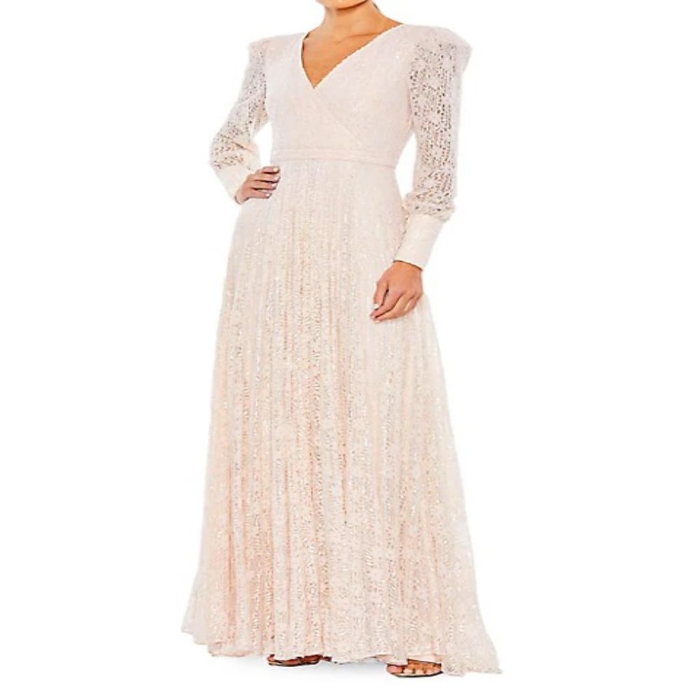 MAC DUGGAL 93679 METTALIC EMBROIDERED LACE A-LINE LIGHT ROSE GOWN sz 6
